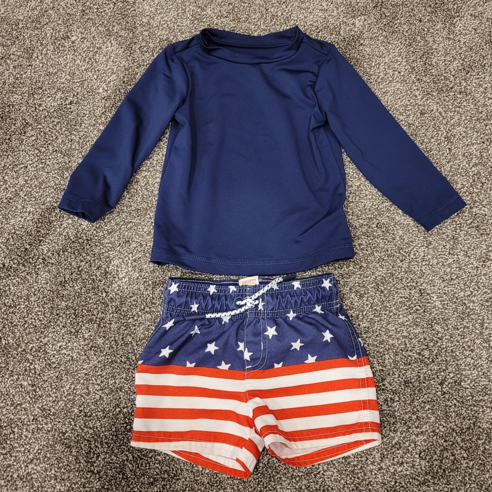 Cat & Jack Boys Patriotic USA Flag Swim Set Rash Guard Trunks 12M 18M Navy Blue